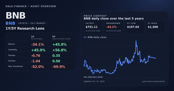 BNB (BNB) asset overview snapshot. Return -34.1%, Volatility +45.9%, and 5Y price context. Data from www.gale.finance.