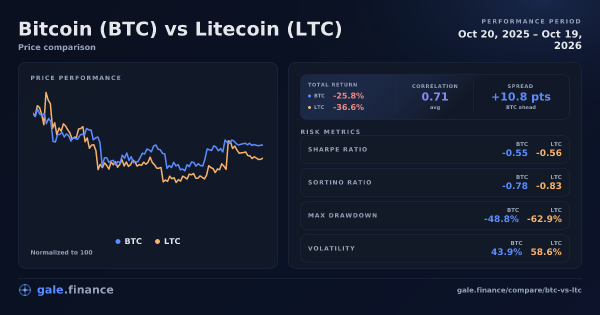Bitcoin vs Litecoin price performance comparison chart 2026 - returns, volatility, and risk metrics