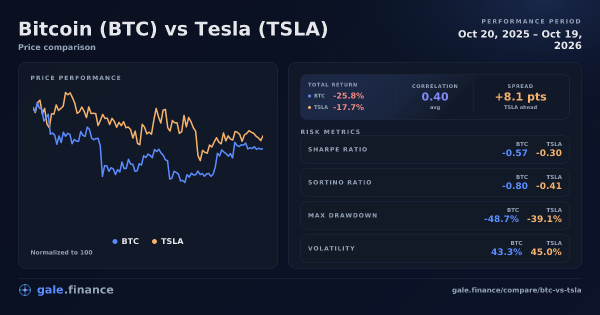 Bitcoin vs Tesla price performance comparison chart 2026 - returns, volatility, and risk metrics