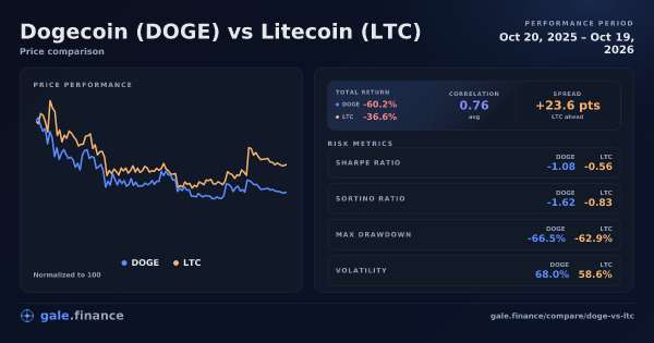 Dogecoin vs Litecoin price performance comparison chart 2026 - returns, volatility, and risk metrics